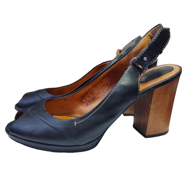 Fossil Black Leather Peep Toe Buckle Ankle  Wooden Block Heels Women's Size 10 - Picture 4 of 12